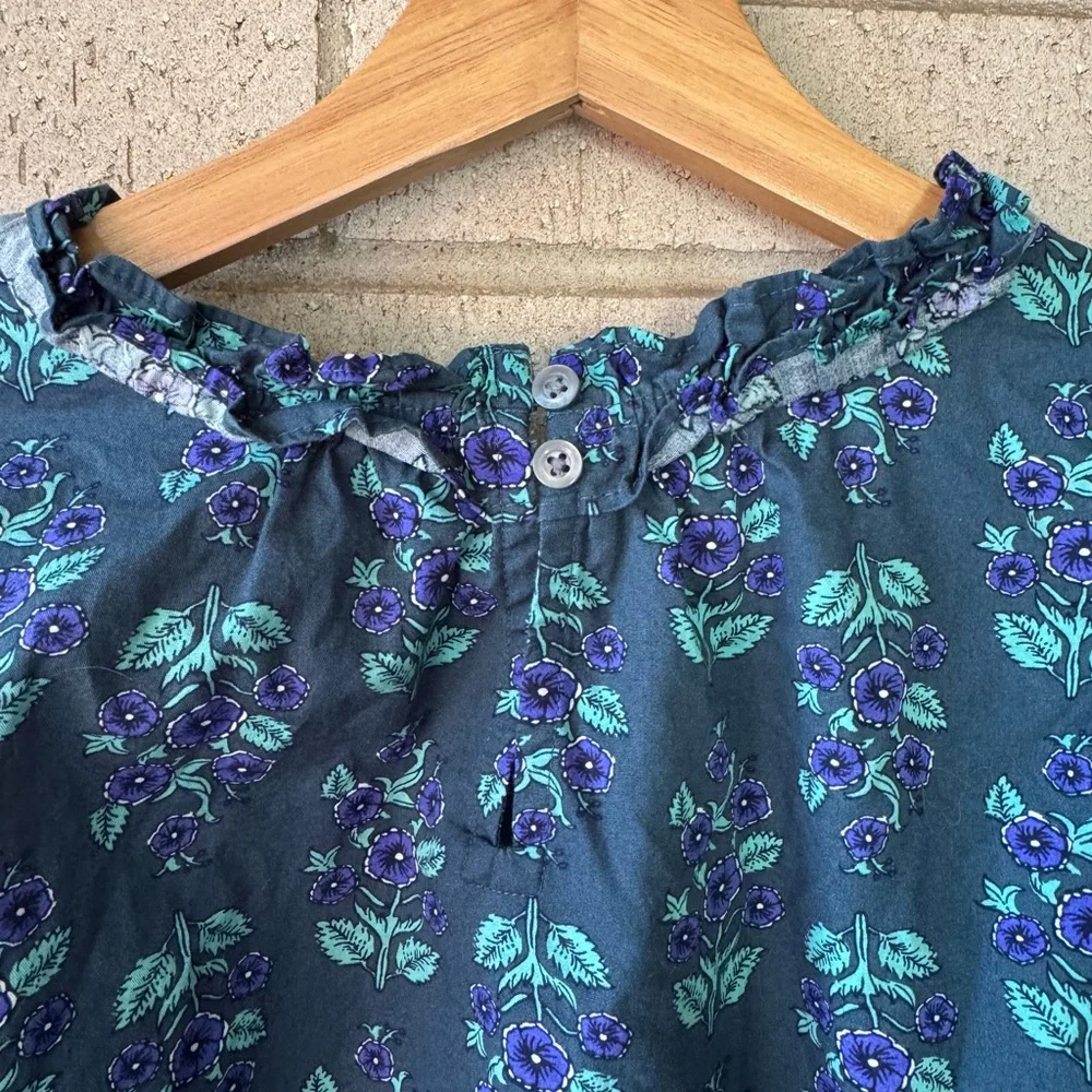 J. Crew Ruffleneck Teal Purple Floral Long Sleeve Poplin Blouse Large - Picture 6 of 9